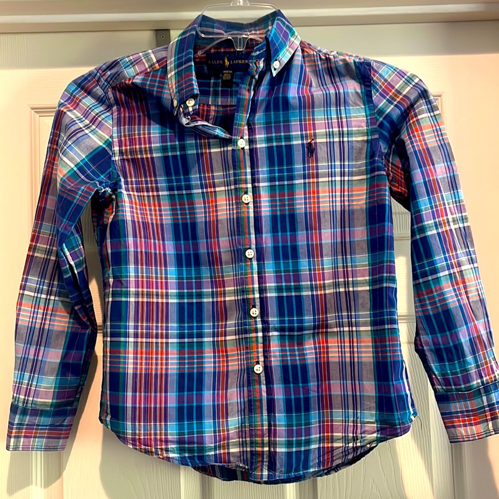 Ralph Lauren boys size 10-12 shirt blue, purple, orange plaid. Great condition!